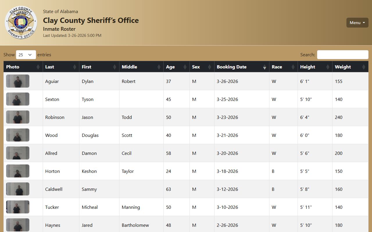 Clay County 24 hour booking inmate roster