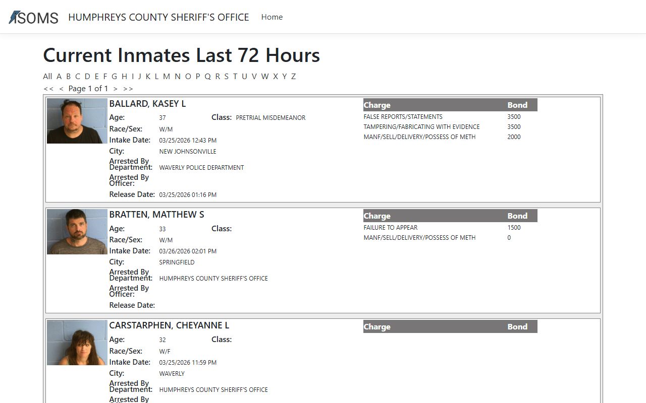 Humphreys County 24 hour booking ISOMS portal