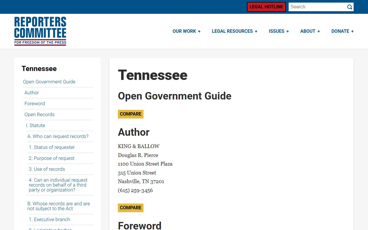 Tennessee open records guide for accessing 24 hour booking data