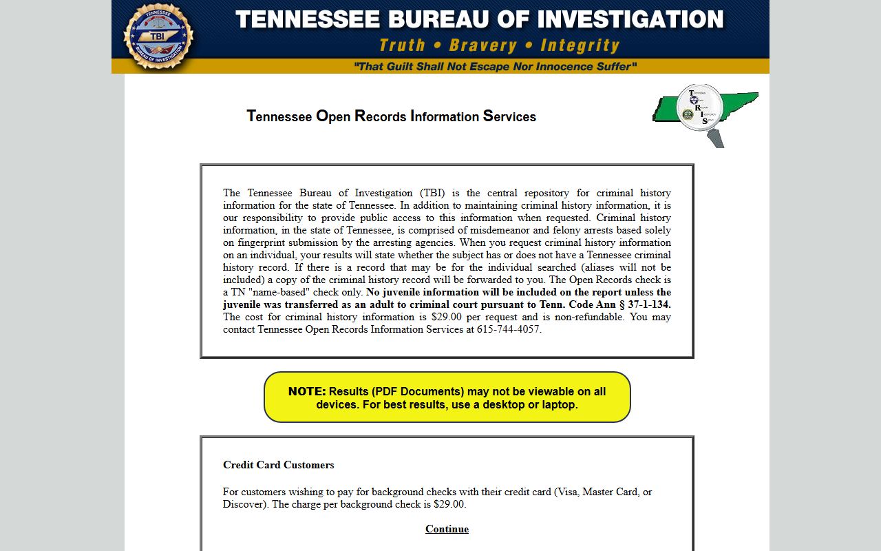 Tennessee TBI TORIS portal for criminal history and booking records